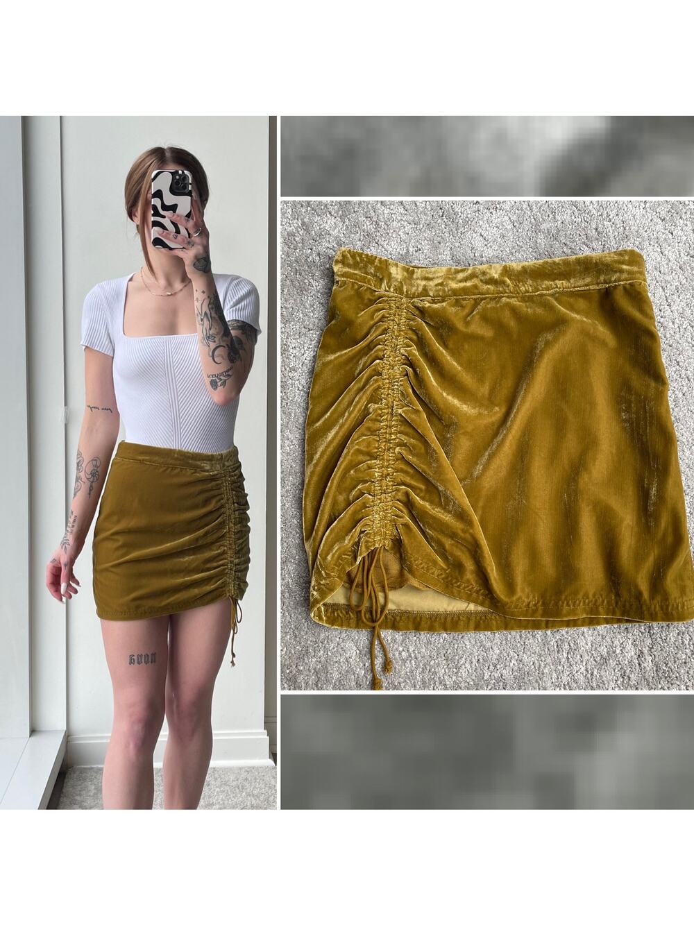 Free People Vivienne Velvet Ruched Mini Skirt 4 Viper Olive Gold Yellow NWOT